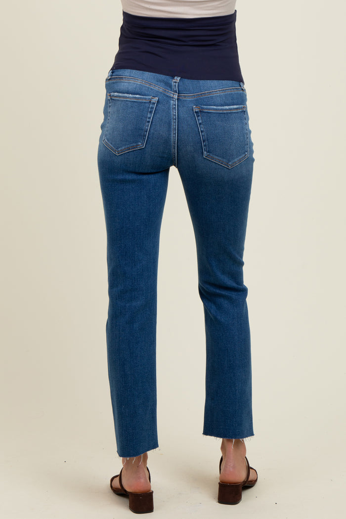 Navy Raw Hem Cropped Slim Straight Leg Maternity Jeans