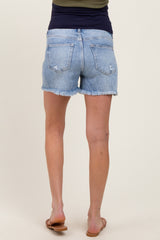 Light Blue Distressed Fringe Hem Maternity Shorts