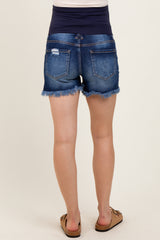 Navy Distressed Fringe Hem Maternity Jean Shorts