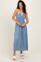 Blue Halter Neck Side Slit Midi Dress
