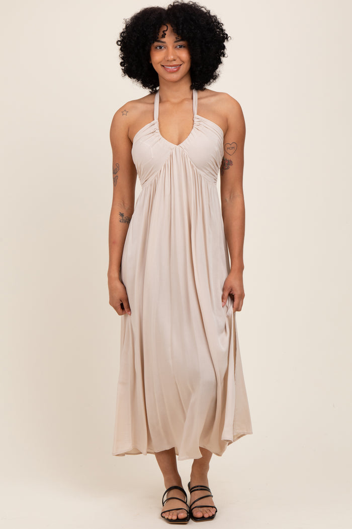 Cream Halter Neck Side Slit Maternity Midi Dress
