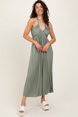 Light Olive Halter Neck Side Slit Midi Dress