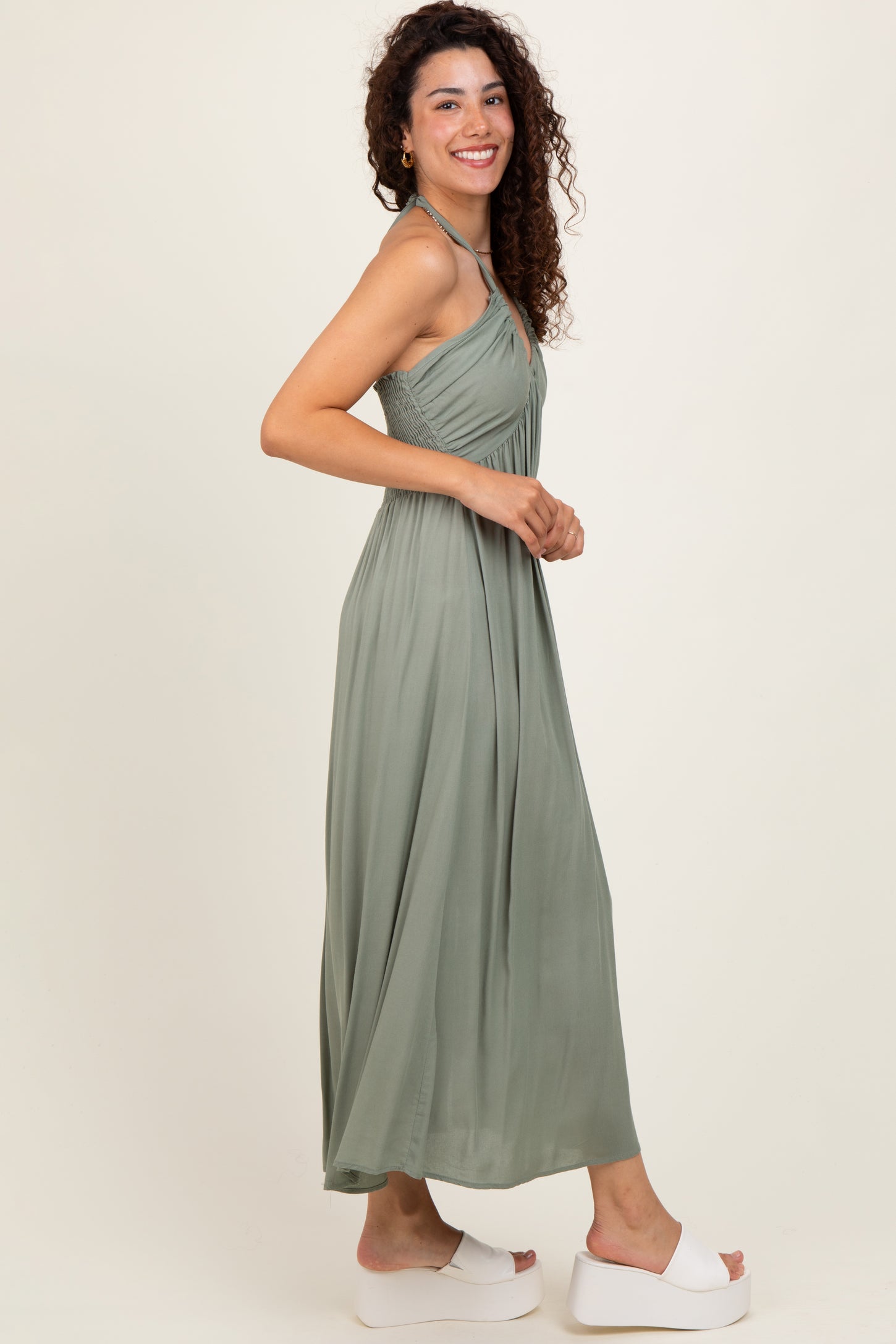 Light Olive Halter Neck Side Slit Midi Dress