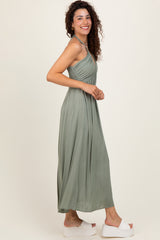 Light Olive Halter Neck Side Slit Midi Dress