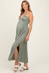 Light Olive Halter Neck Side Slit Maternity Midi Dress