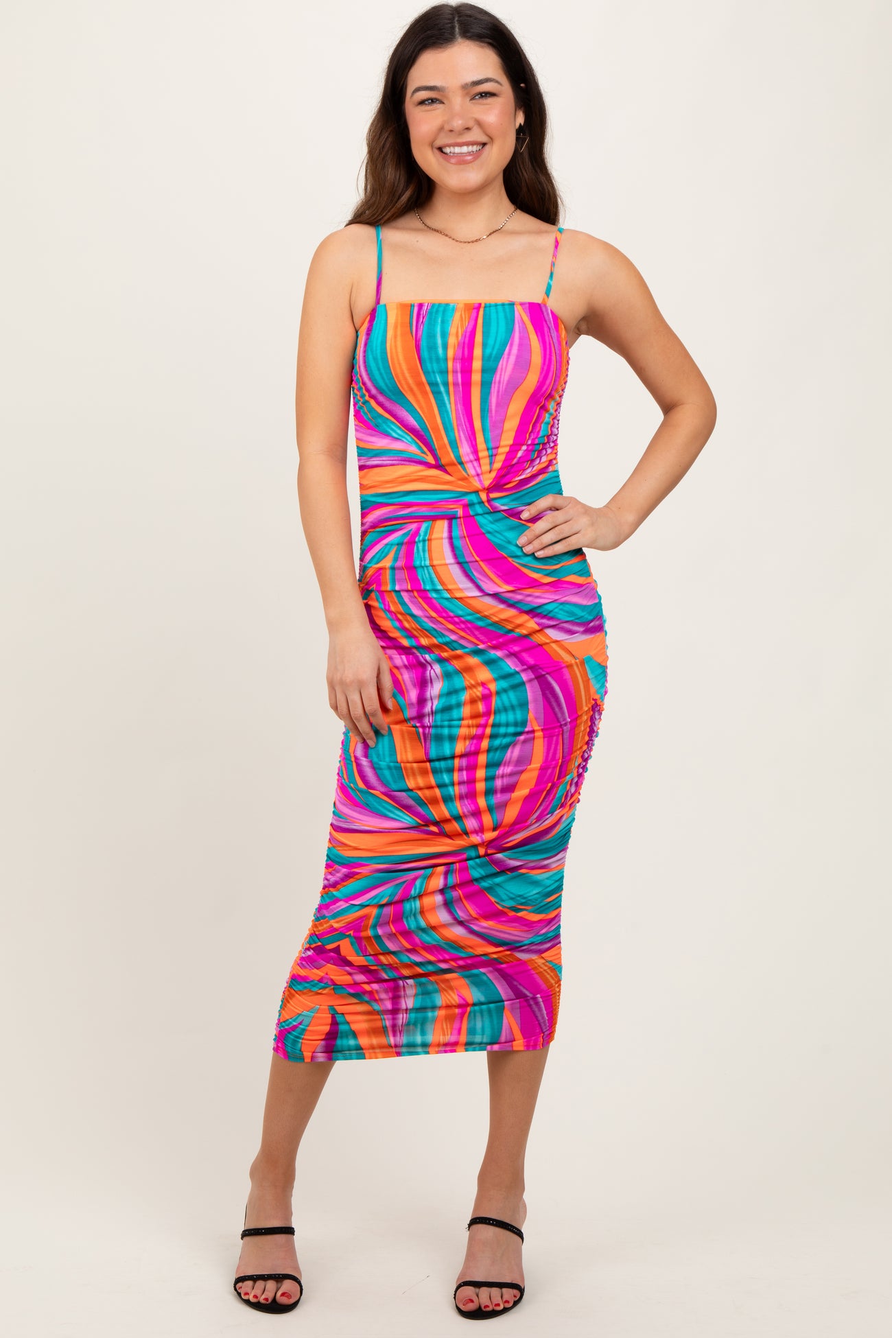 Multicolor Abstract Print Ruched Fitted Maternity Midi Dress