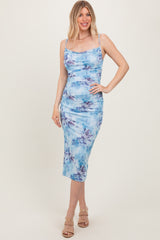 Light Blue Floral Ruched Low Tie Back Midi Dress