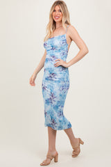 Light Blue Floral Ruched Low Tie Back Midi Dress