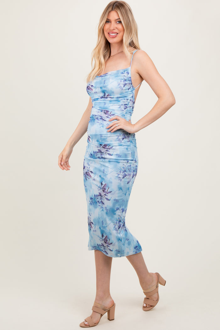 Light Blue Floral Ruched Low Tie Back Midi Dress