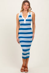 woman wearing a blue and white striped fitted midi dress with a plunging neckline and button details
