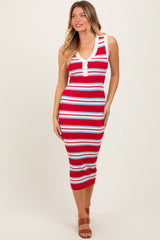 Red Striped Knit Sleeveless Polo Maternity Midi Dress