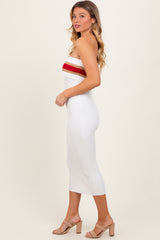 Ivory Ribbed Knit Striped Strapless Fitted Midi Dress