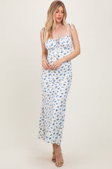 Blue Ribbed Floral Shoulder Tie Maxi Dress