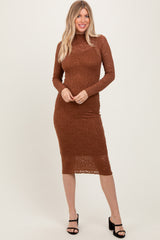 Brown Lace Overlay Long Sleeve Fitted Maternity Midi Dress