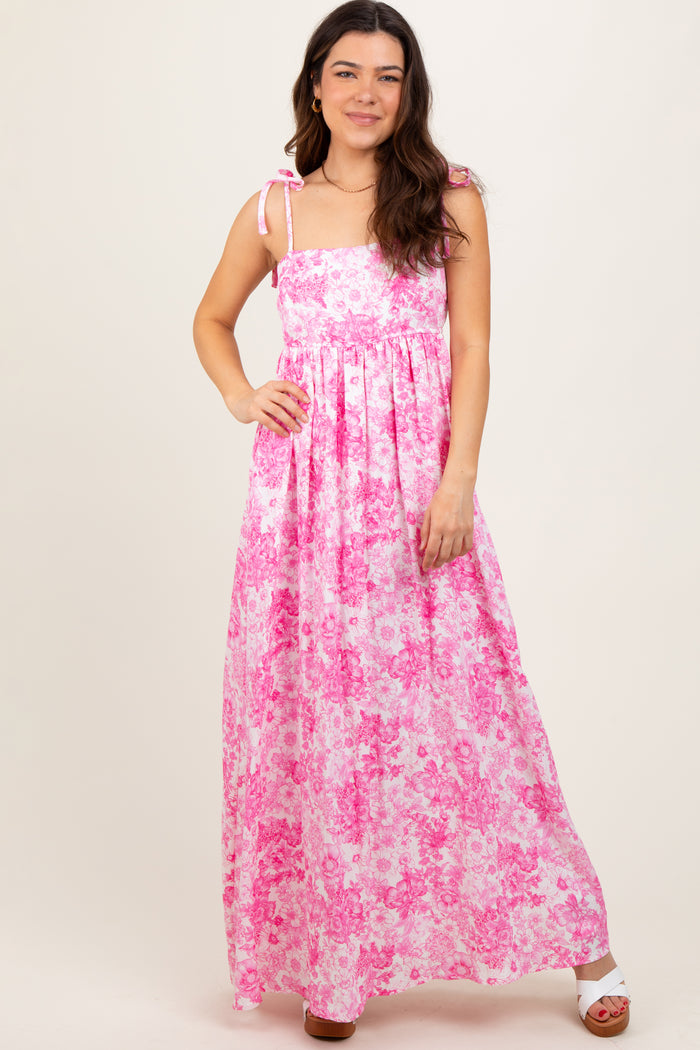 Pink Leaf Print Sleeveless Open Back Smocked Maternity Maxi Dress