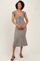 Beige Striped Front Tie Lace Trim Fitted Midi Dress
