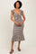 Beige Striped Front Tie Lace Trim Fitted Midi Dress
