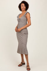 Beige Striped Front Tie Lace Trim Fitted Midi Dress