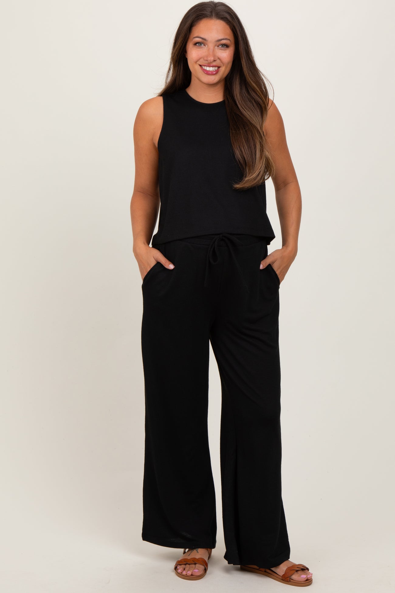 Black Sleeveless Top And Wide Leg Pants Maternity Set