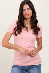 Light Pink Ribbed Scoop Neck Short Sleeve Maternity Top