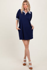 Navy Mock Neck Contrast Striped Trim Mini Dress