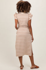 Camel Multi-Striped Button Up Ruffle Sleeve Maternity Midi Dress