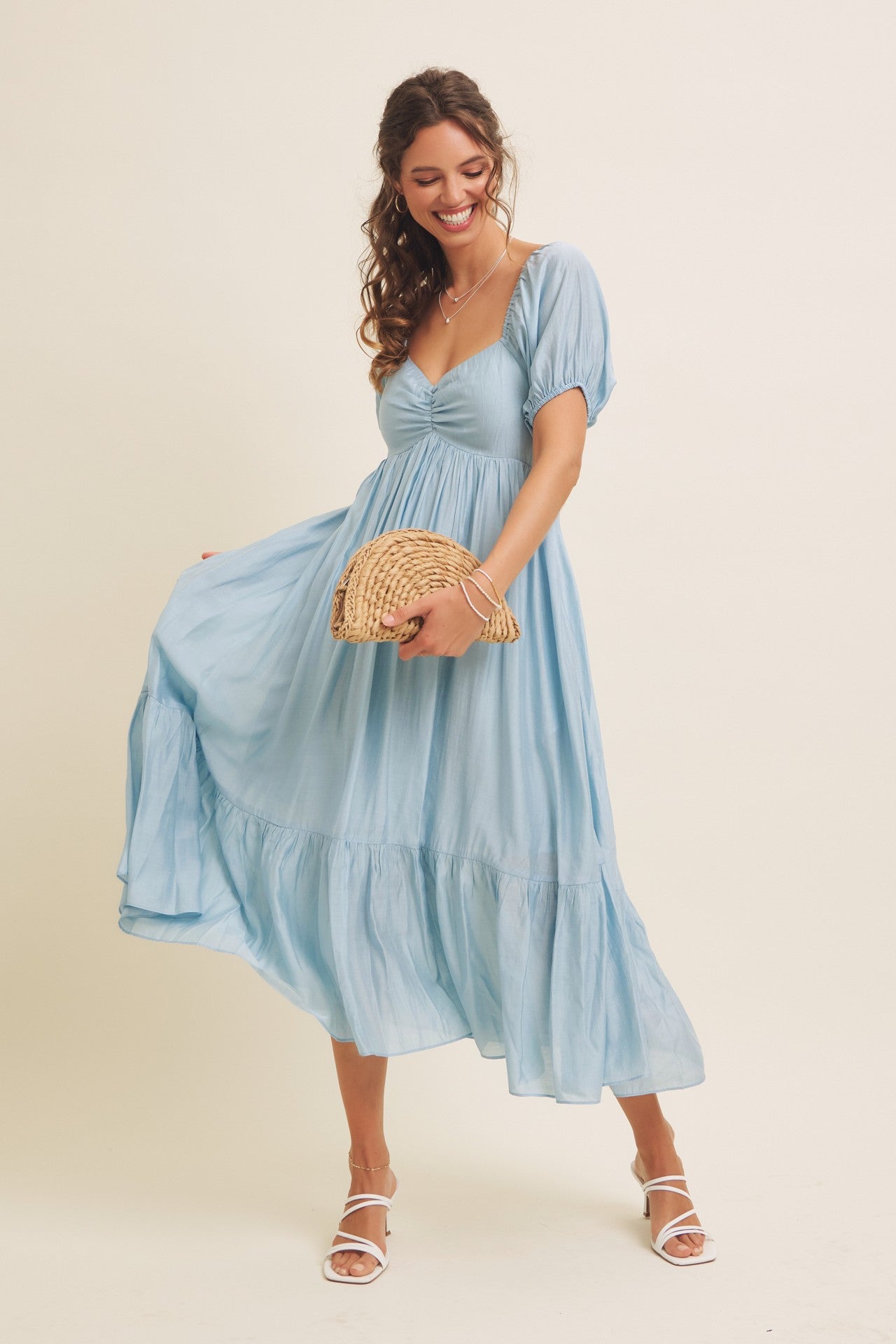 Light Blue Ruched Sweetheart Neck Tiered Midi Dress