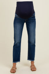 Navy Fringe Hem Cropped Straight Leg Maternity Jeans