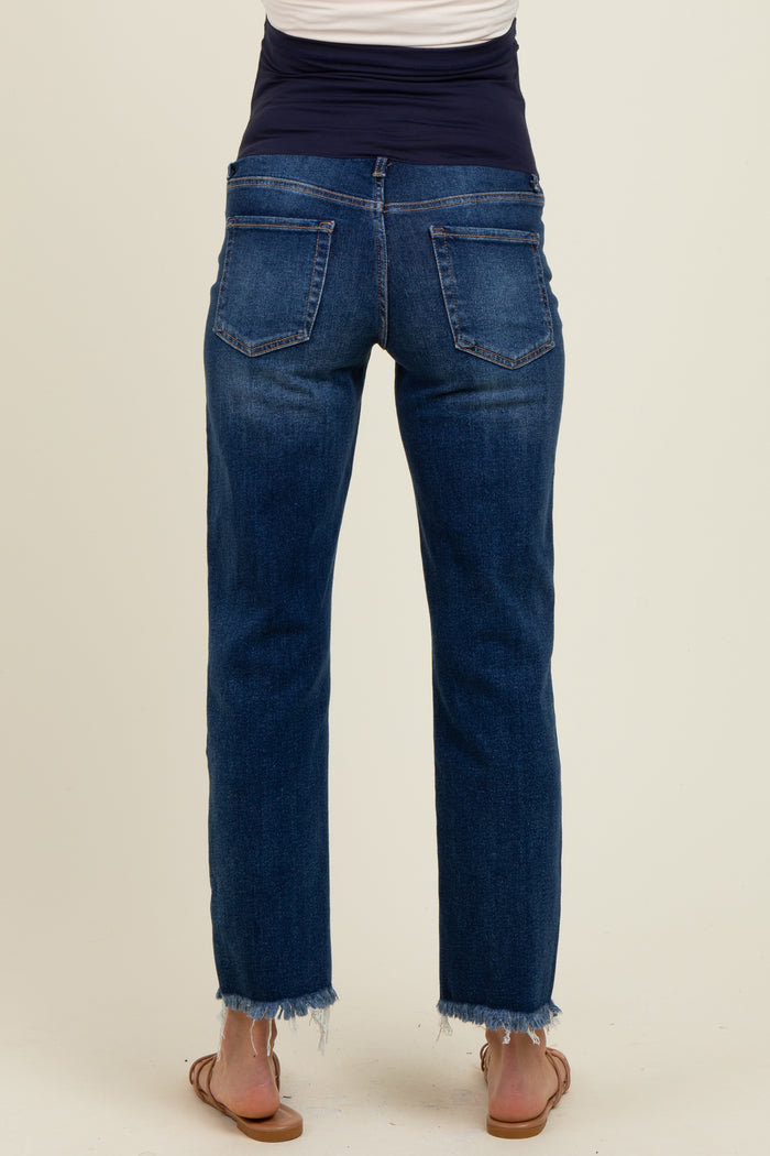 Navy Fringe Hem Cropped Straight Leg Maternity Jeans