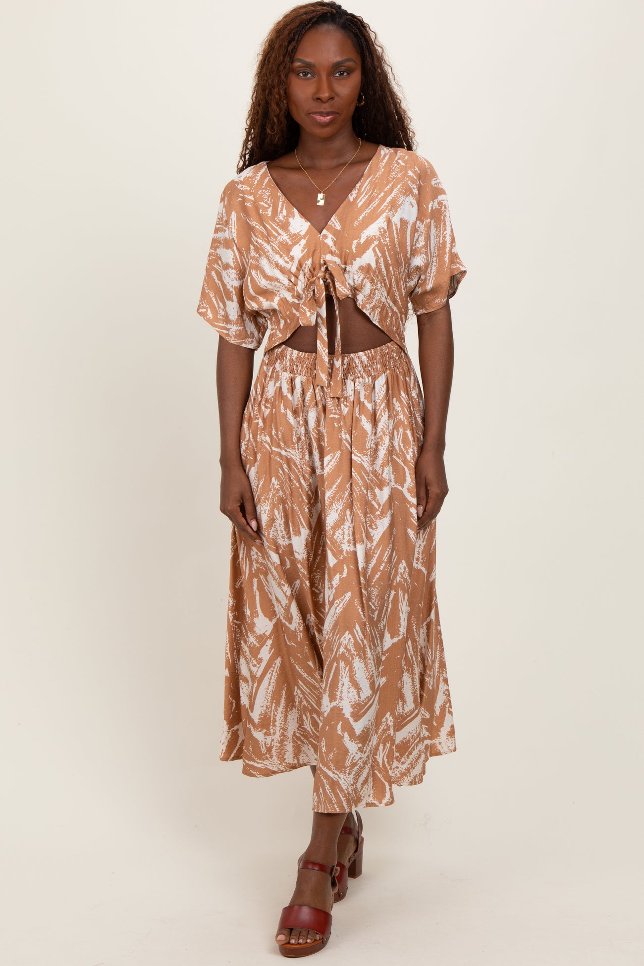 Camel Brushstroke Print Cutout Maternity Midi Dress