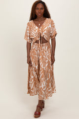 Camel Brushstroke Print Cutout Maternity Midi Dress