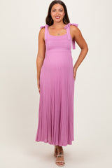 Mauve Textured Knit Shoulder Tie Maternity Midi Dress