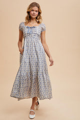 Light Blue Floral Ruched Bow Tie Floral Maxi Dress