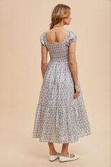 Light Blue Floral Ruched Bow Tie Floral Maxi Dress