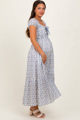 Light Blue Floral Ruched Bow Tie Floral Maternity Maxi Dress