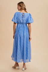 Blue Embroidered Shirred Puff Sleeve Maxi Dress
