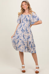 Cream Floral Smocked Midi Dress