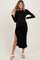 Black Crew Neck Side Ruching Deep Slit Maternity Midi Dress