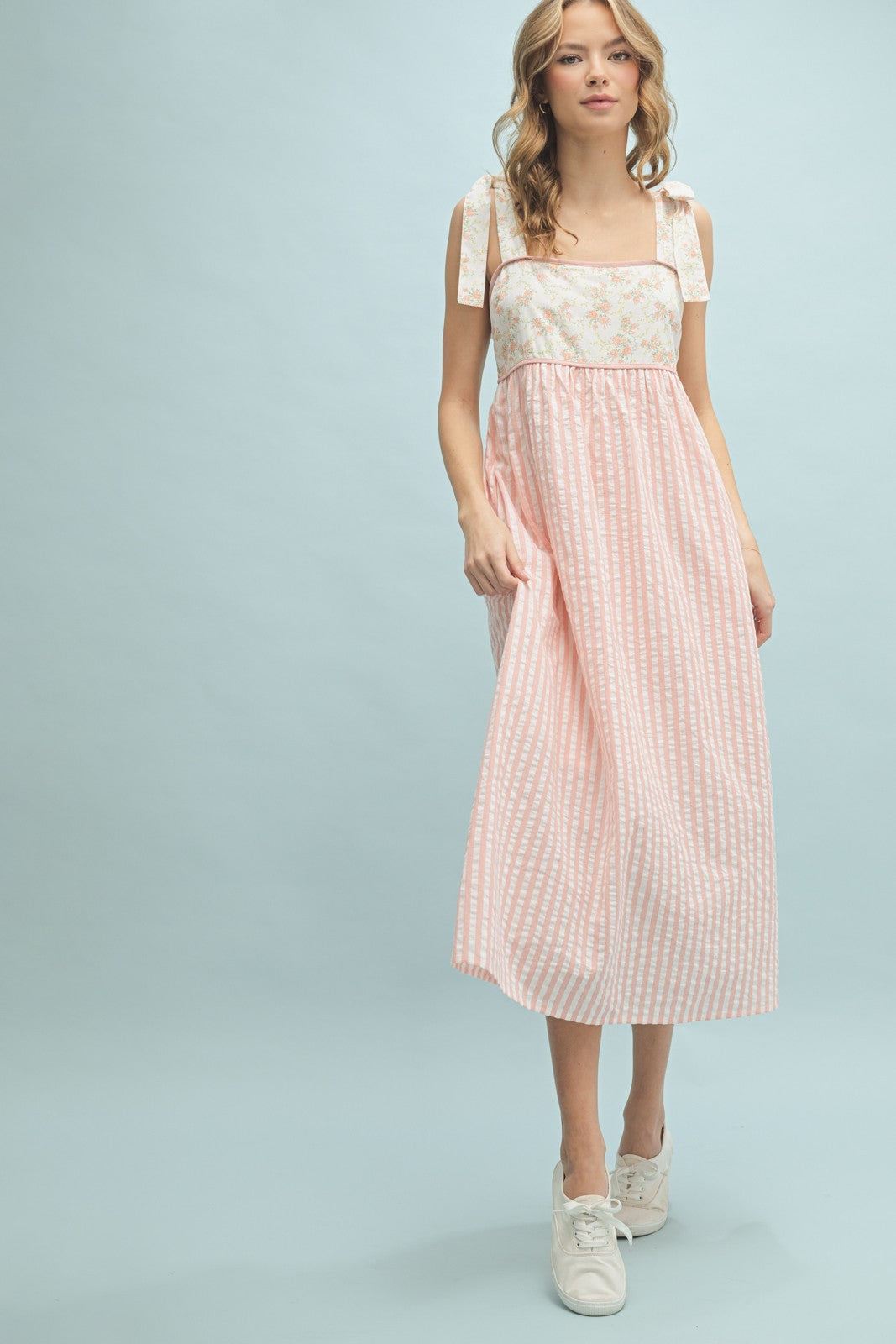Peach Floral Contrast Stripe Shoulder Tie Midi Dress