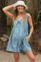 Light Blue Floral Chambray Pleat Front Maternity Romper