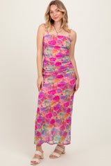Pink Multi-Color Floral Mesh Ruched Sleeveless Maternity Maxi Dress