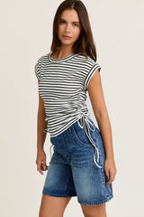 White Striped Ruched Side Tie Top