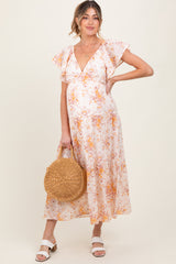 Peach Floral Flutter Sleeve Tiered Maternity Maxi Dress