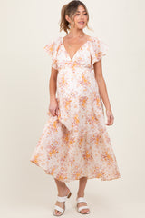 Peach Floral Flutter Sleeve Tiered Maternity Maxi Dress