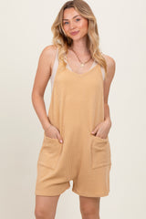 Gold Solid Ribbed V-Neck Sleeveless Front Pocket Maternity Romper