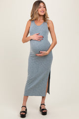 Teal Solid Ribbed Sleeveless Slit Maternity Maxi Dress