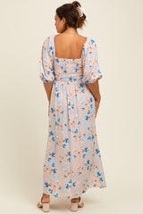 Peach Floral Smocked Front Tie Maternity Maxi Dress