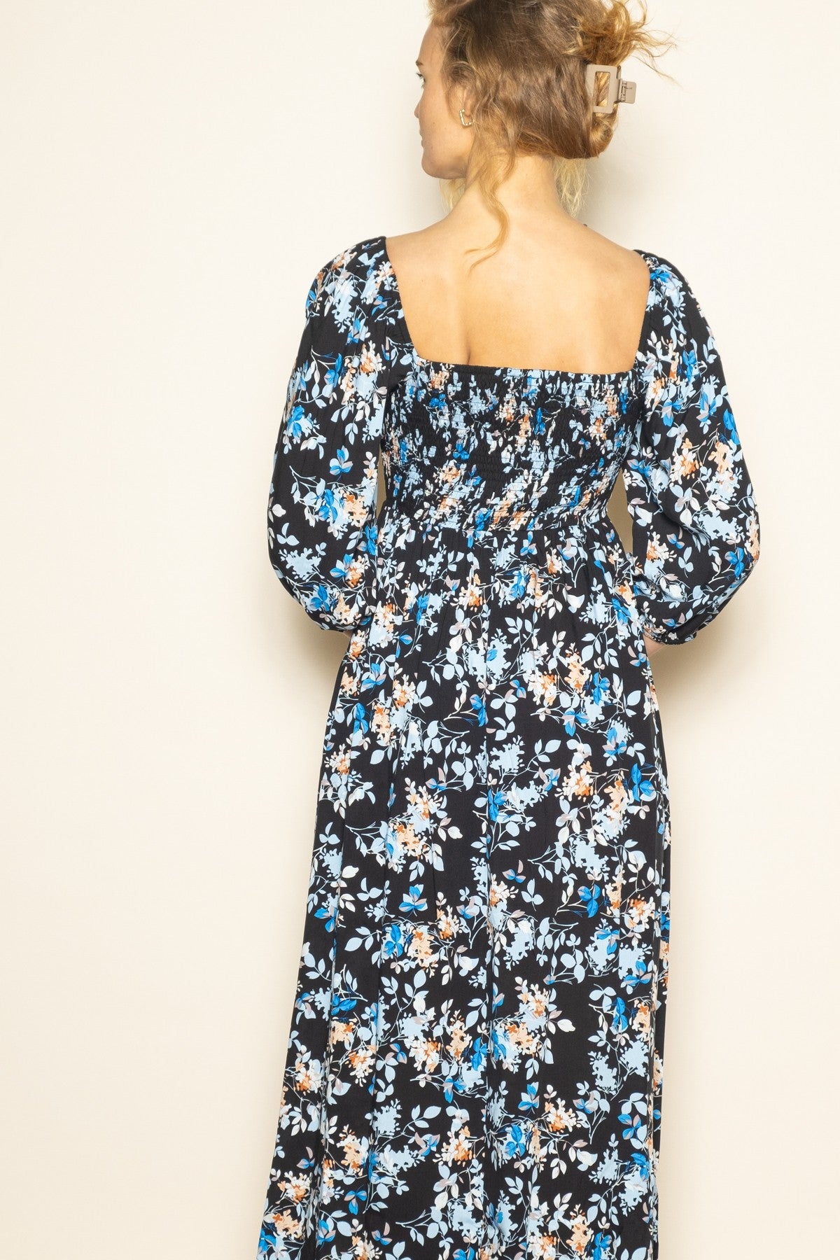 Black Floral Smocked Front Tie Maxi Dress