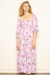 Light Pink Floral Off Shoulder Long Sleeve Maxi Dress