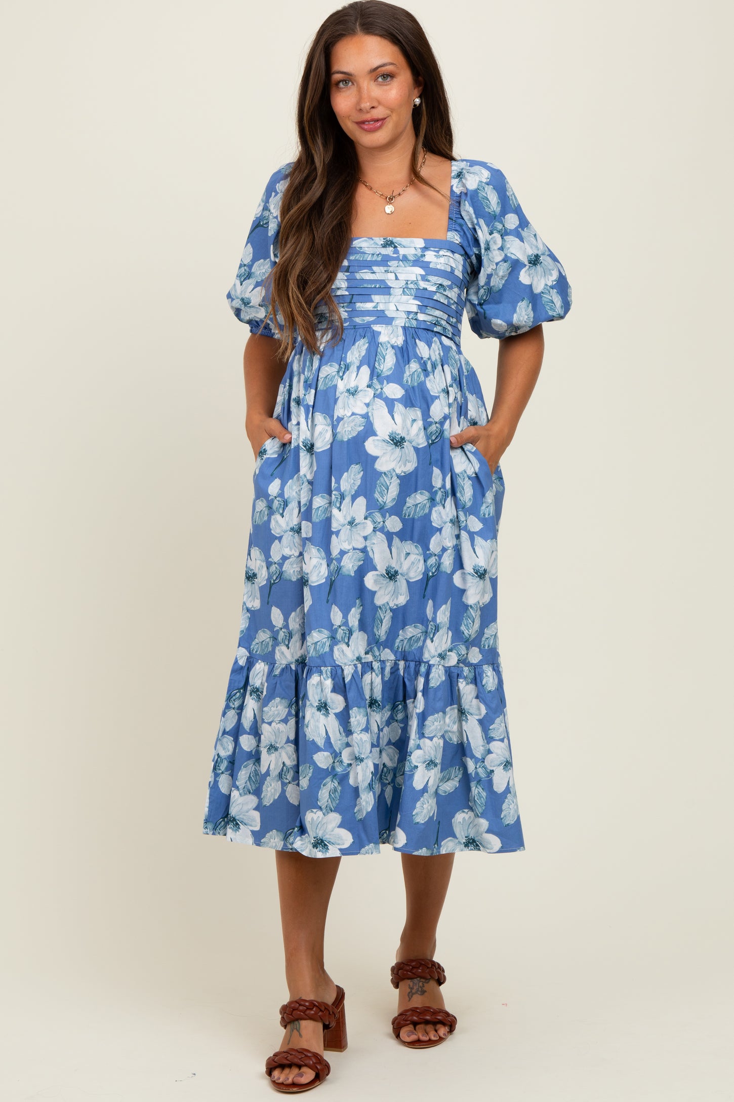 Blue Floral Pleated Bodice Maternity Midi Dress
